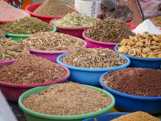 Bowls of Ayurvedic Herbs and Spices use for various ayurveda medicines in India.