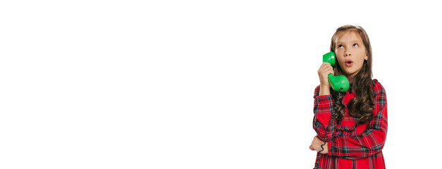 Flyer with little cute smiling girl, kid in retro style outfit, fashion of 70s, 80s years posing isolated on white studio background with copyspace for ad.