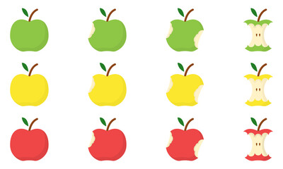 Set of Yellow, Green, Red Apple Bite Stage Concept. Step of Eating Apple from Whole to Half and Core. Healthy Fresh Organic Food. Isolated Vector Illustration