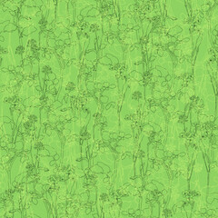 Floral hand drawn seamless pattern. White line flowers on green background