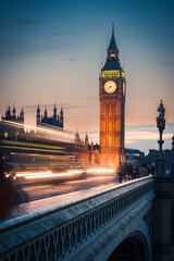 Big Ben at Dusk, London. An early evening view over Westminster Bridge and Big Ben. Long exposure with intentional motion blur of passing traffic. - 512812688