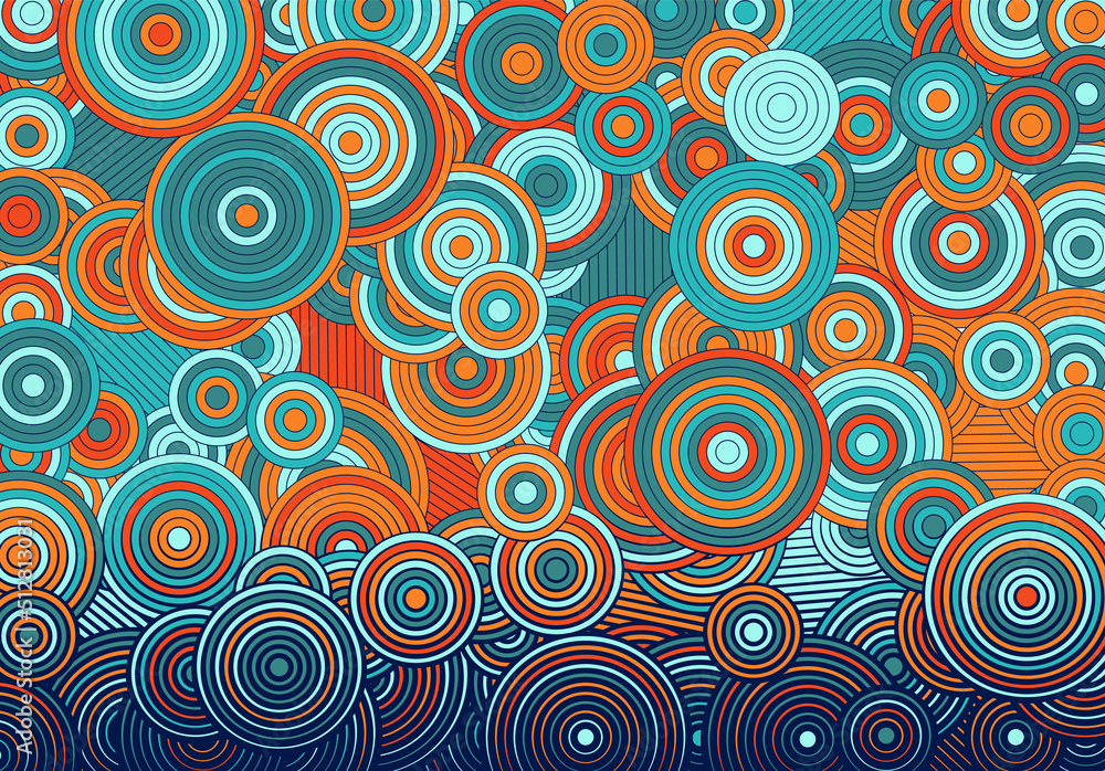 Poster Abstract psychedelic background with circles and lines of various widths in retro optical illusion style.