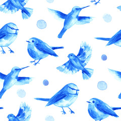 Seamless pattern with blue watercolor birds isolated on white background.