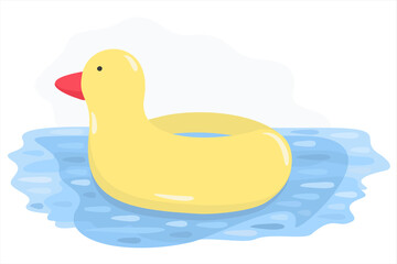 Vector isolated illustration of yellow inflatable swimming circle in a form of goose on the water.