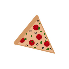Pizza slice topped with mozzarella cheese, salami or pepperoni sausage, basil, black olives and black pepper. Tasty Italian pizza. Vector illustration for menu restaurant.