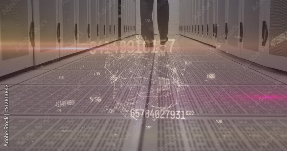Poster globe of network of connections against low section of male engineer walking in computer server room
