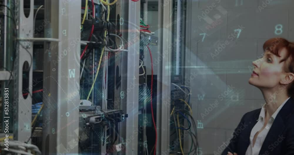Poster cyber security data processing against portrait of caucasian female engineer smiling in server room