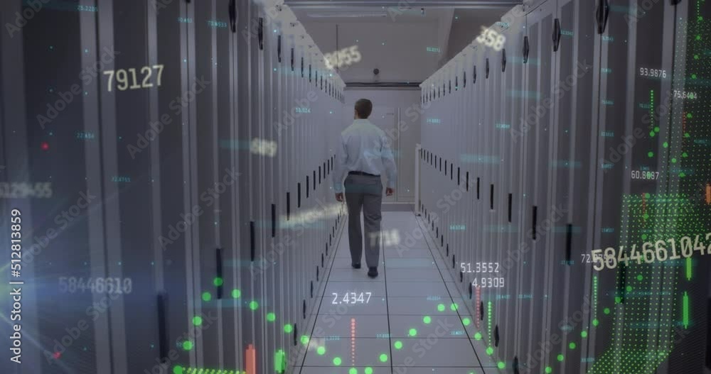 Poster financial data processing against rear view of male engineer walking in computer server room