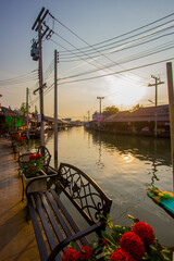 Amphawa district,Samut Songkhram Province,Thailand on April 13,2019:Sunrise in the morning at Amphawa Floating Market.