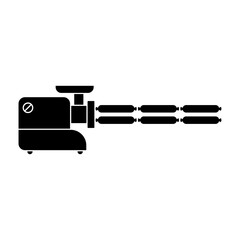 Electric meat grinder with sausage. Black silhouette. Isolated vector illustration on white background.