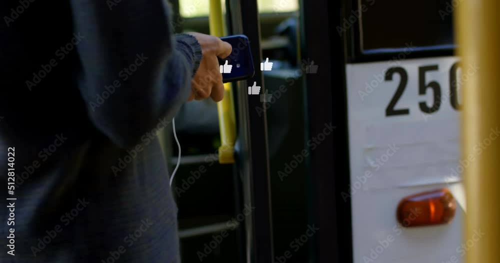 Poster multiple thumbs up icons floating against caucasian boy using smartphone in the bus
