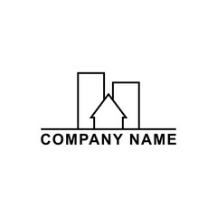 Logo with houses and skyscrapers. Simple minimal design. Isolated vector illustration on white background. 