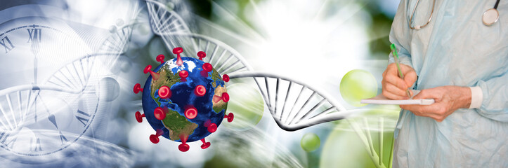 3d-image of a stylized covid virus disguised as globe, with an abstract background of DNA.