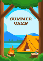 Summer camp poster with orange tent, bonfire, stump with axe. Concept of travel, hiking and outdoor activity. Vector landscape banner with trees, a campsite on green lawn and mountains on background