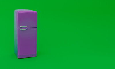 3d illustration, mauve refrigerator, green background, copy space, 3d rendering