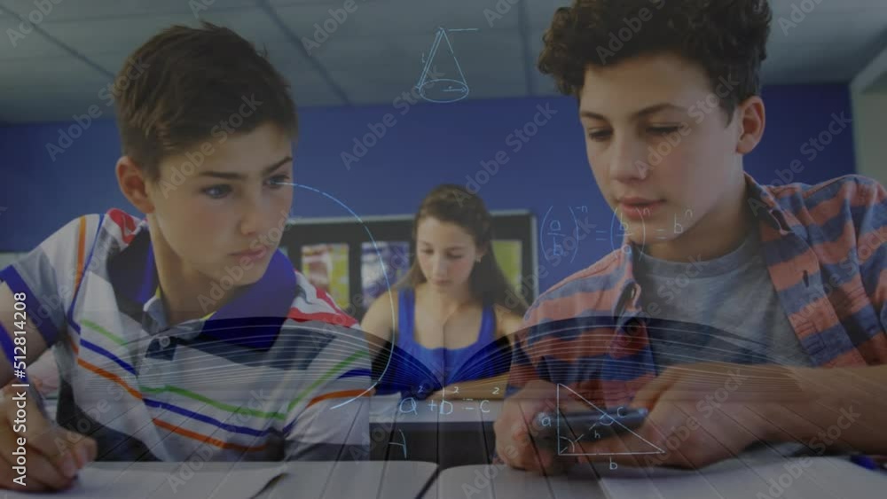 Poster animation of mathematical data processing over caucasian schoolboys with smartphone
