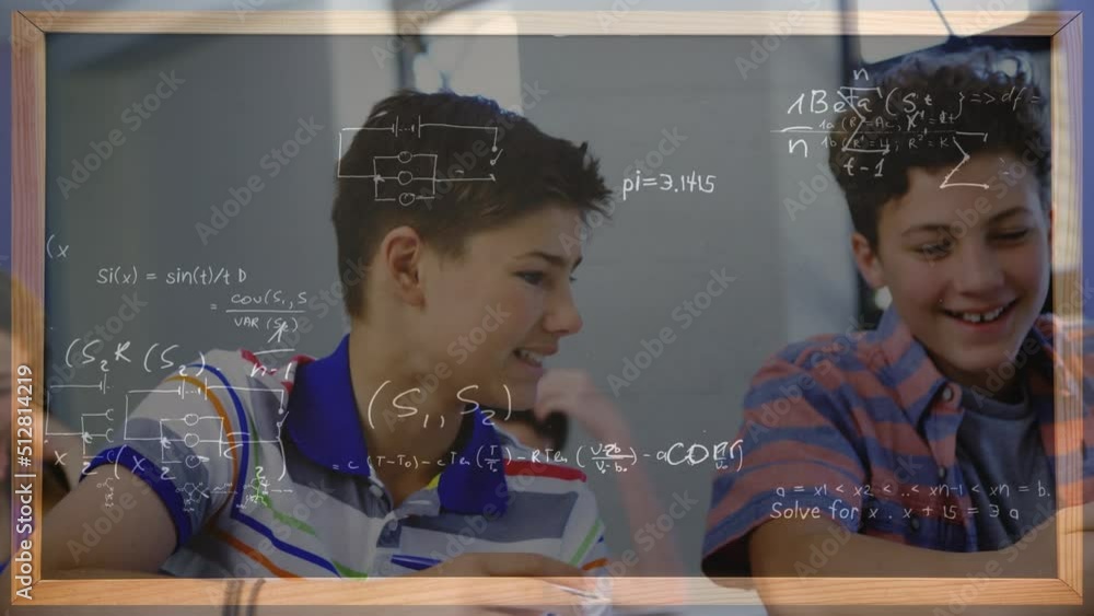 Poster animation of mathematical data processing over caucasian schoolboys with smartphone