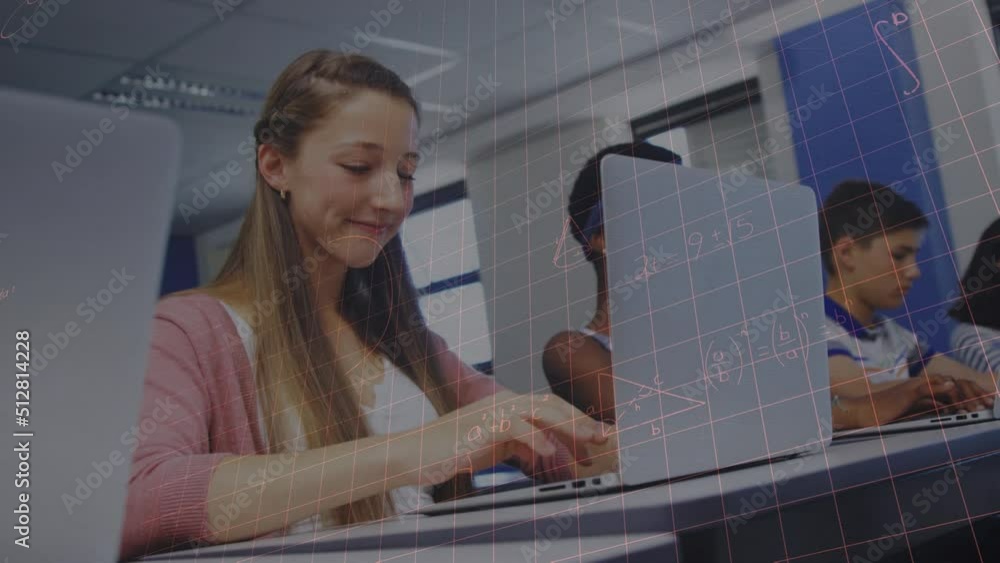 Poster animation of mathematical data processing over diverse students with laptops