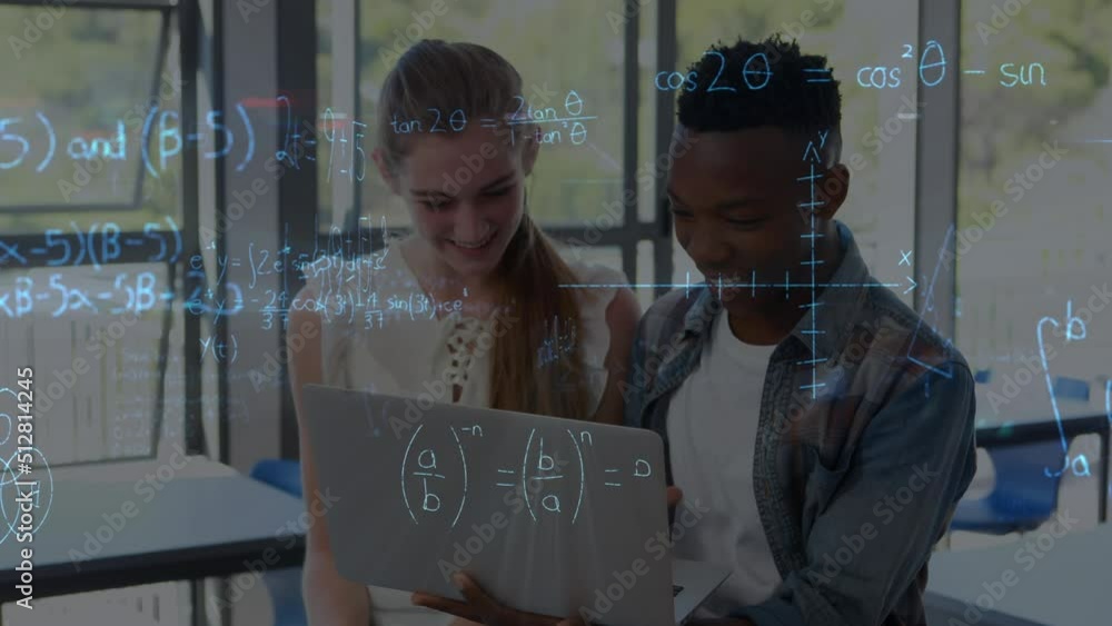 Poster animation of mathematical data processing over diverse students with laptop
