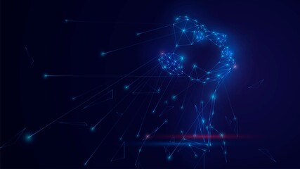 Human face from a luminous triangular blue grid on a black background