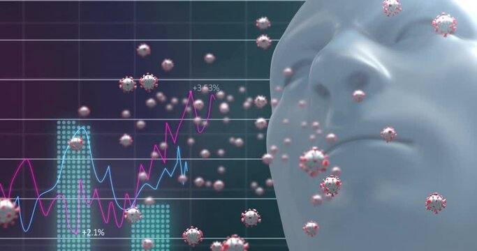 Multiple covid-19 cells over human head model against statistical data processing on blue background