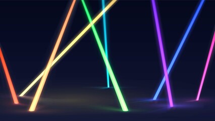 Multicolored glowing neon tubes in a dark room