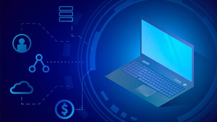 Isometric laptop and cloud services and web applications icons