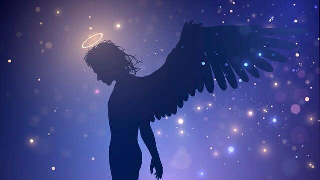Silhouette of a male angel with a halo against the background of sparks and stars
