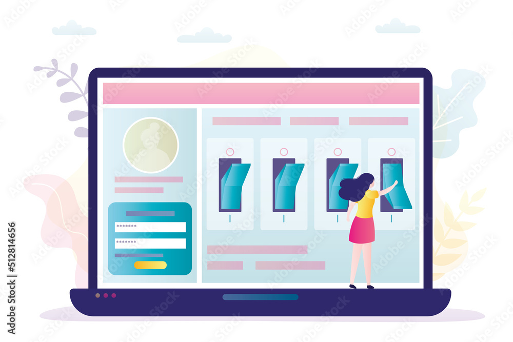Poster woman configures operating system of laptop. user interface customization. female character customiz