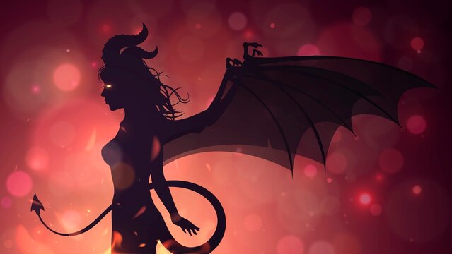 Silhouette of a devil or succubus girl on the background of a hellish flame