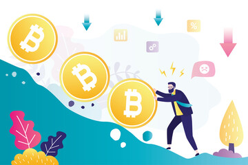 Investor prevent from Bitcoin price falling down. Cryptocurrency risk, volatility. Crypto crisis or panic sales. Blockchain technology. Businessman push Bitcoin from falling down the peak.