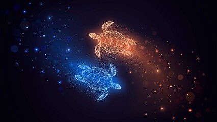 Blue and orange sea turtles made of glowing sparks and particles, yin yang opposites concept