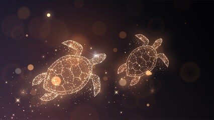 Sea turtles made of glowing golden sparks and particles