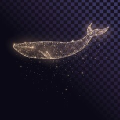 Blue whale made of golden sparks and particles