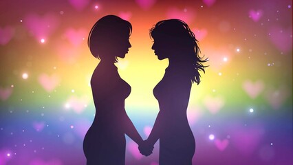 Silhouette of a couple of lesbian girls in love on the background of the LGBT flag