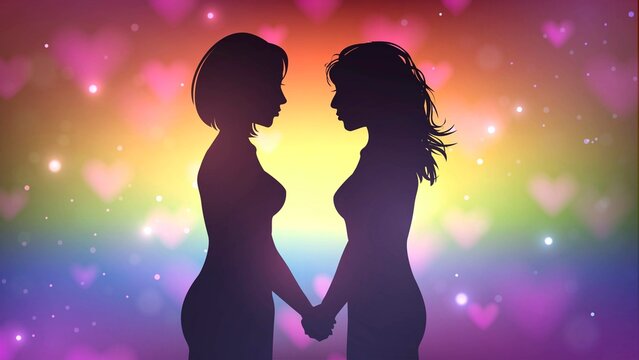 Silhouette of a couple of lesbian girls in love on the background of the LGBT flag