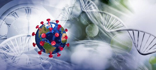 3d-image of a  covid virus disguised as globe, with an abstract background of DNA
