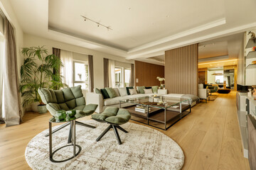 Large glass coffee table, wood, green lounging chair, palm tree in a corner and metal in a luxurious living room with marble on the walls