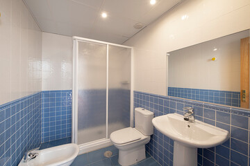toilet with white porcelain toilets, blue tiles and rectangular frameless mirror