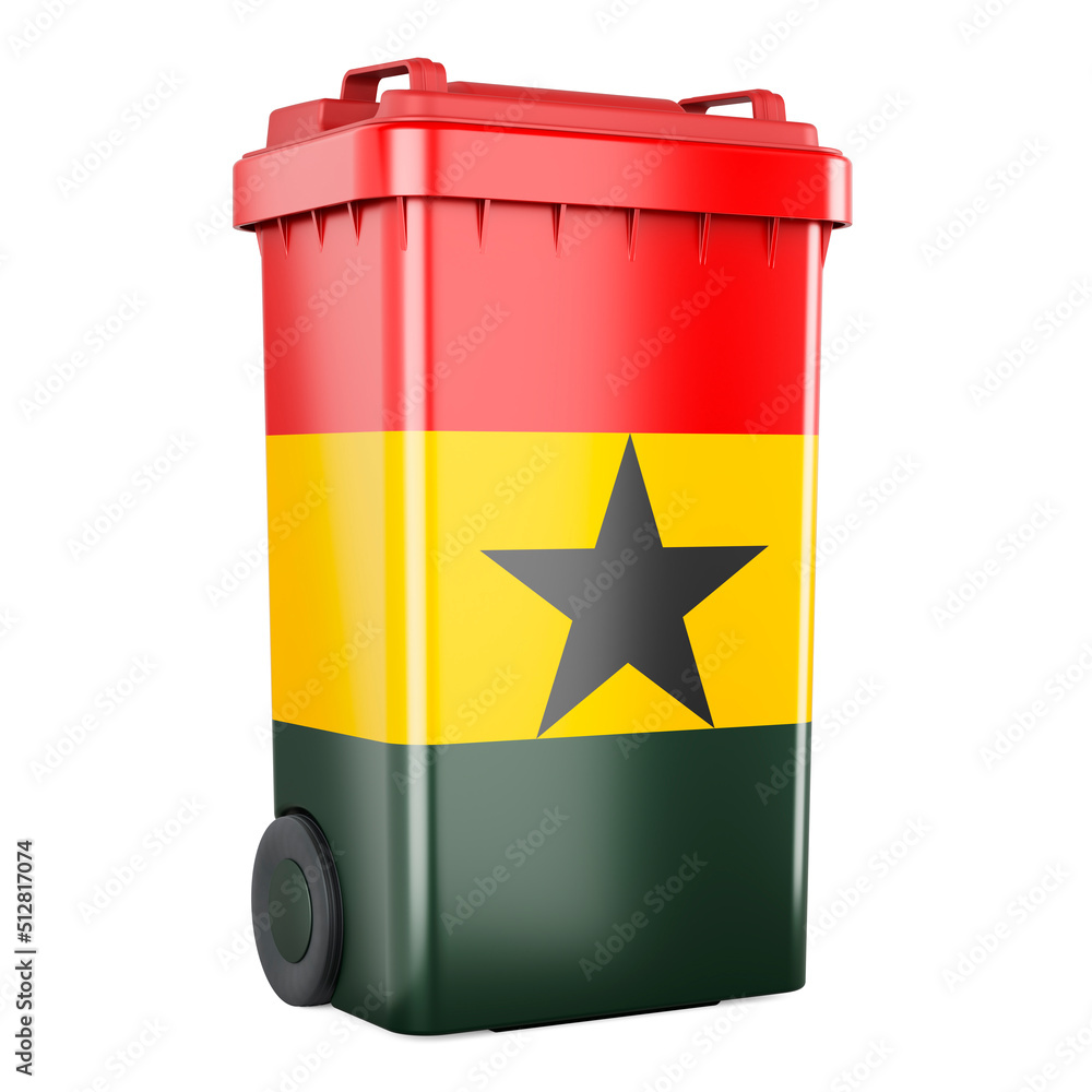 Poster waste container with ghanaian flag, 3d rendering