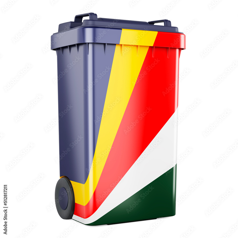 Poster waste container with seychelloise flag, 3d rendering