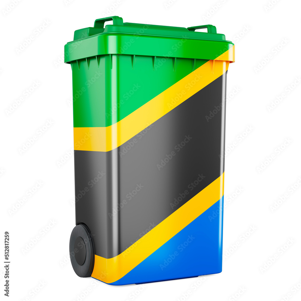 Poster waste container with tanzanian flag, 3d rendering