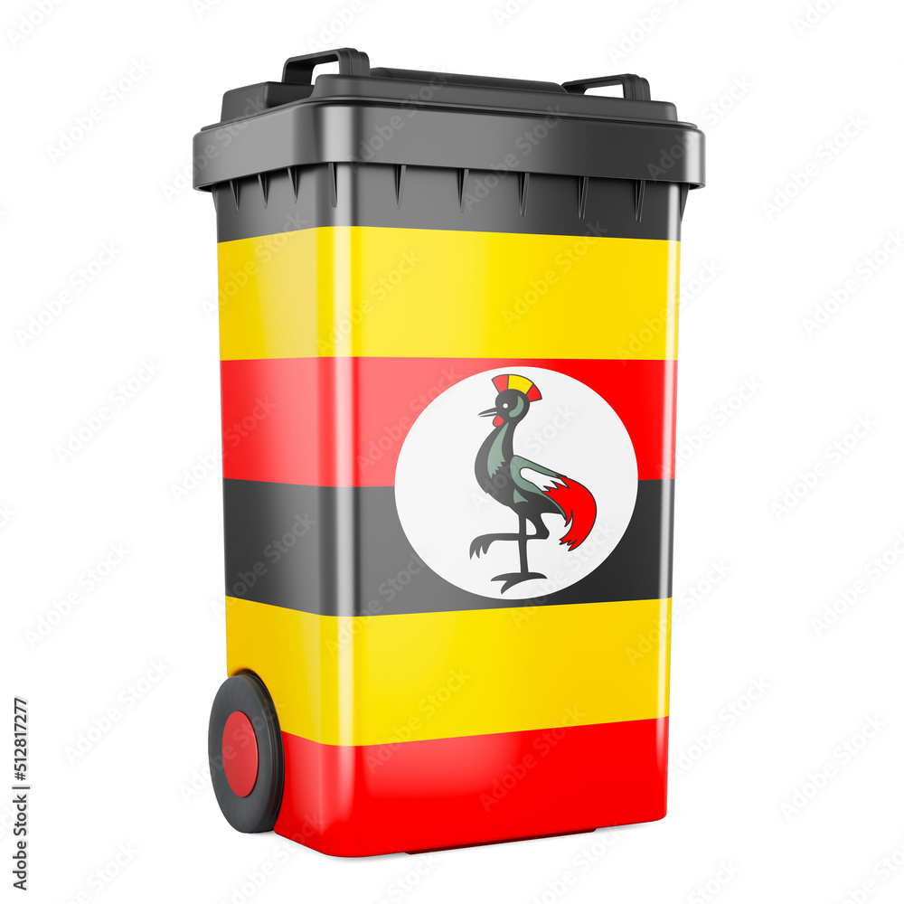 Poster waste container with ugandan flag, 3d rendering