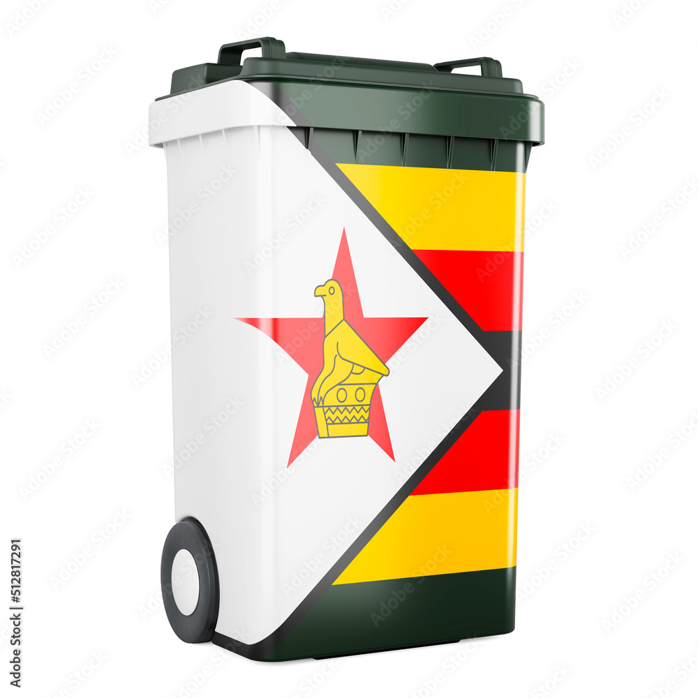 Poster waste container with zimbabwean flag, 3d rendering