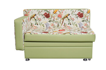 modern green extended leather sofa with colorful print. contemporary couch