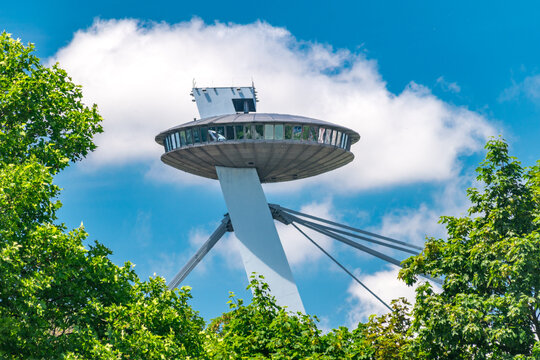 Bratislava, Slovakia - May 31, 2022: UFO observation deck on the top of Slovak National Uprising bridge in Bratislava.