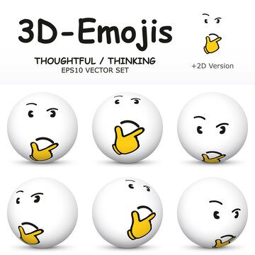 3D Emoji with THOUGHTFUL - THINKING  Facial Expressions  in 6 Different 3D Perspectives -  EPS10 Vector Collection