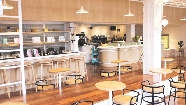 Background white color coffee shop cafe or restaurant modern and minimal style interior with japan style. Emphy shop. use for background.