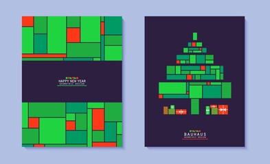 Set of Christmas posters in bauhaus style. Bright Christmas tree on black background and mosaic grid pattern. New year cards collection in red and green colour geometric shapes. Vector flyers