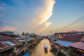 Amphawa district,Samut Songkhram Province,Thailand on April 12,2019:Attractive scene of Amphawa Floating Market.